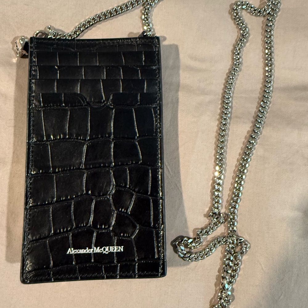 Alexander McQueen Black Croc Embossed Bag with Silver Chain